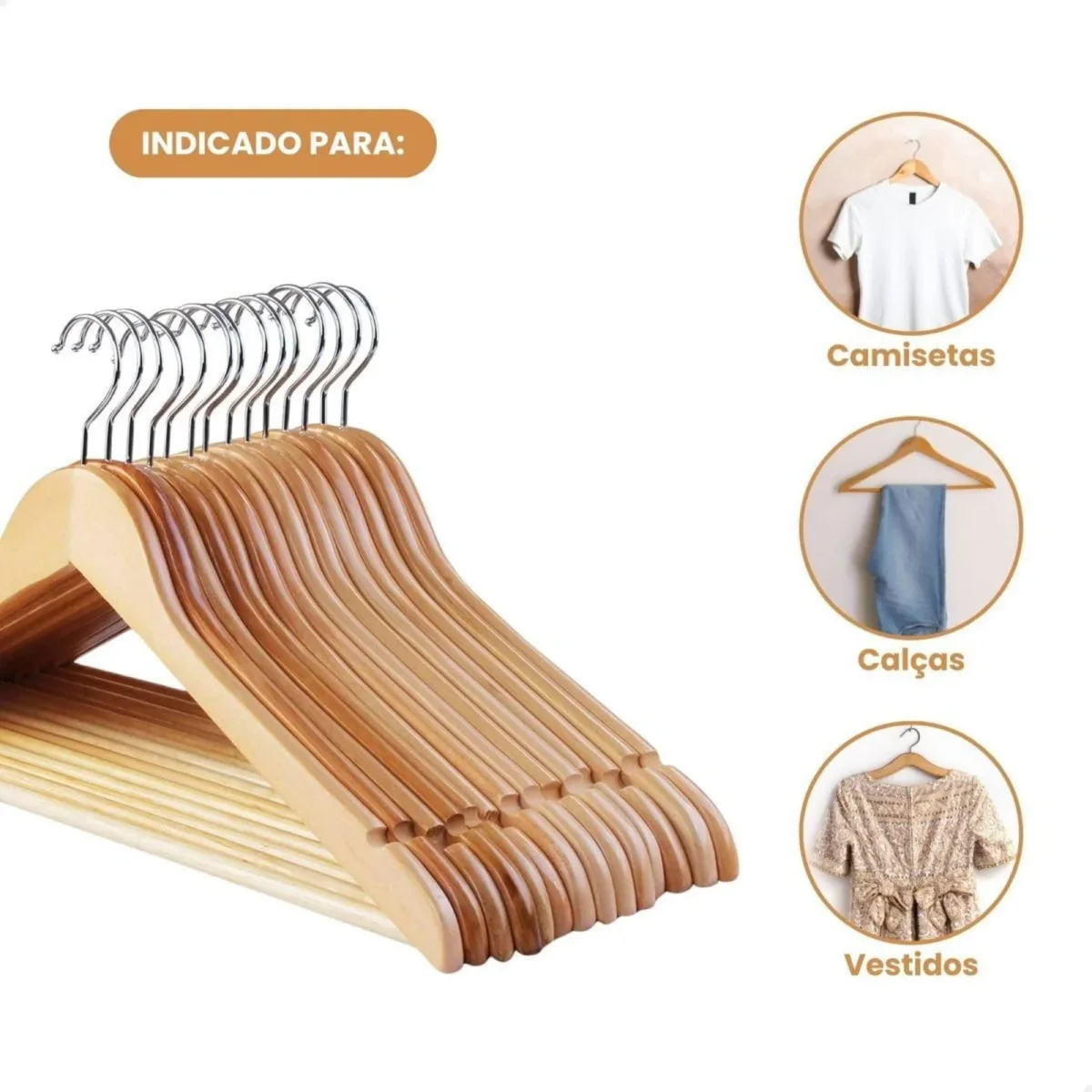 Kit 3 Cabides de Madeira Adulto Slim Envernizados com Barra Antideslizante e Rachadura para Alça - Image 4