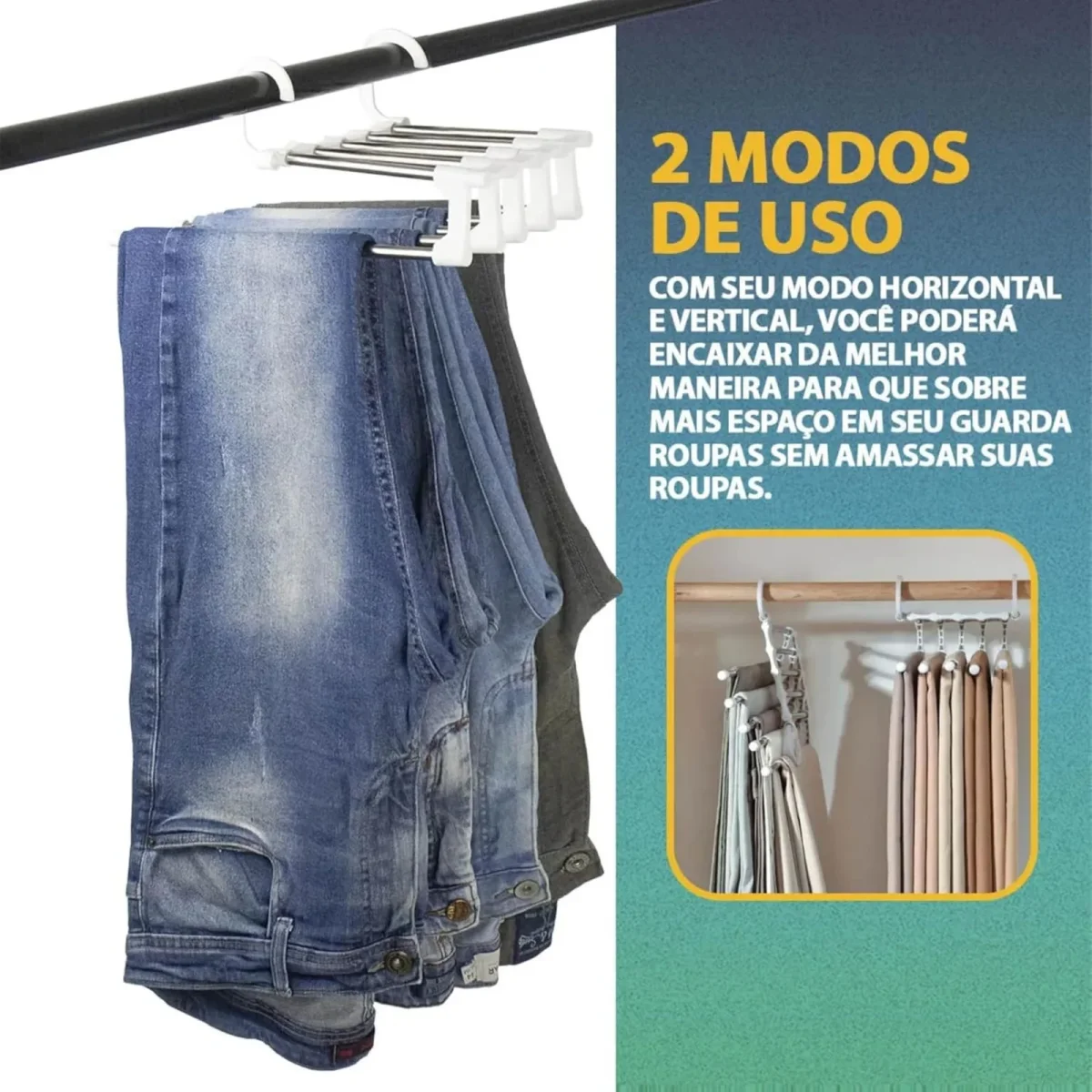 Kit 3 Cabide Multifuncional 5 Divisórias Retrátil Inox para Calças Bermudas Saias Gravatas Preto - Image 7
