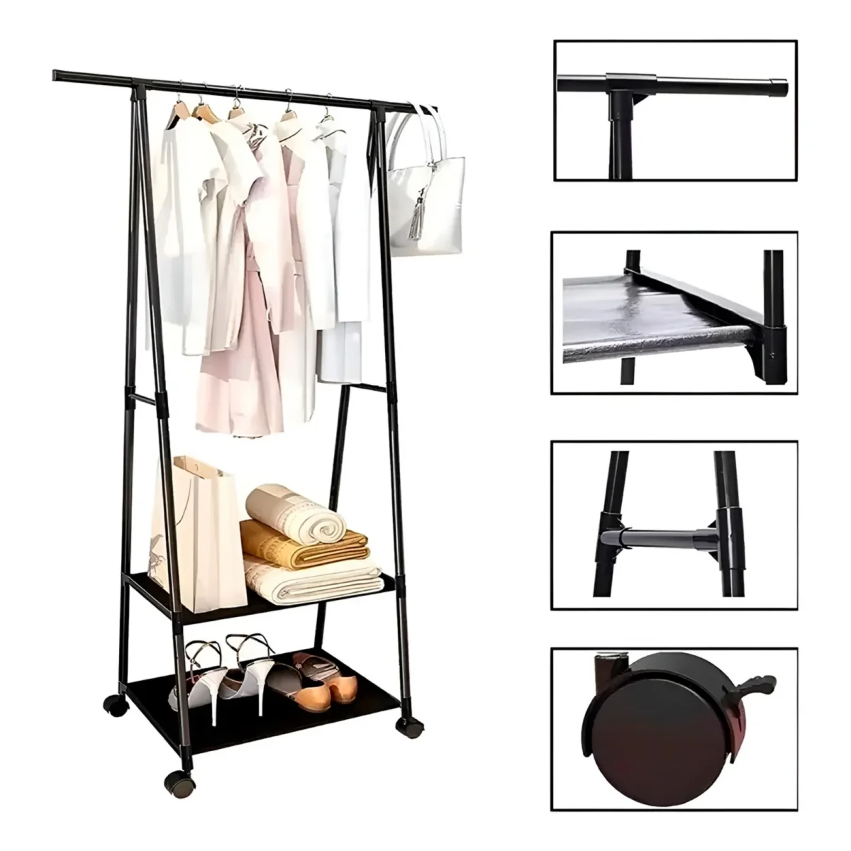 Arara de Roupas Cabideiro Armário Guarda Roupa Aberto com Rodas 2 Prateleiras Sapateira Multiuso - Image 4