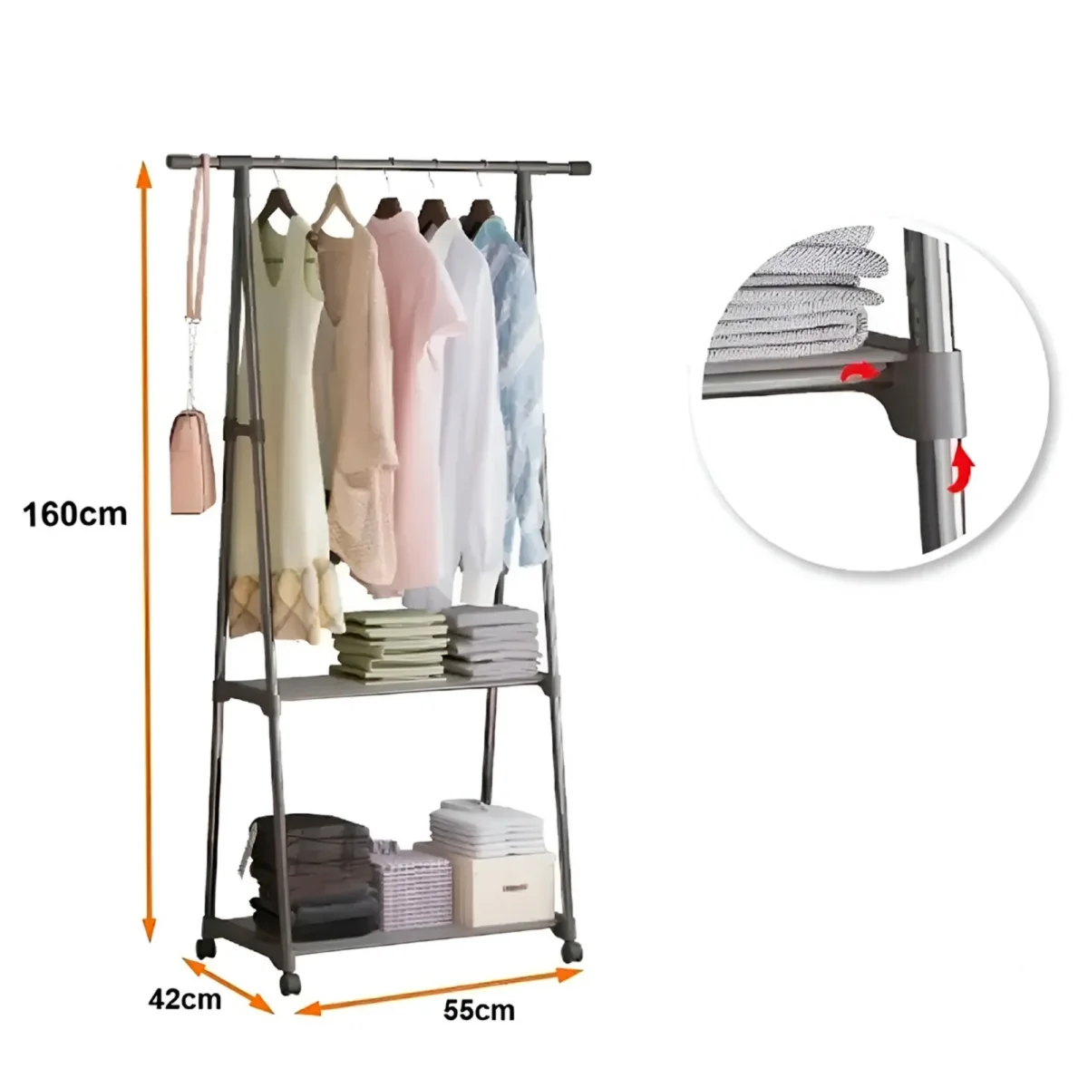 Arara de Roupas Cabideiro Armário Guarda Roupa Aberto com Rodas 2 Prateleiras Sapateira Multiuso - Image 7