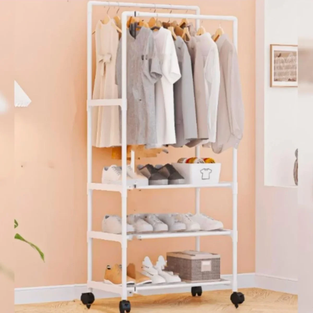 Arara de Roupas Cabideiro Duplo Multiuso com 3 Prateleiras Organizadoras de Piso Chão - Image 4