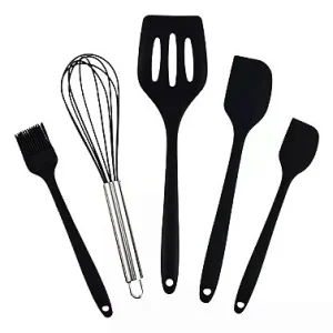 Kit Utensílios De Silicone Para Cozinha 5 Peças Espátula Fue Pincel Cor:Preto