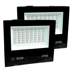 Kit 2 Refletor Holofote LED Slim 50W Bivolt IP66 Prova d’água Luz Branca Fria 6500K Iluminação Externa