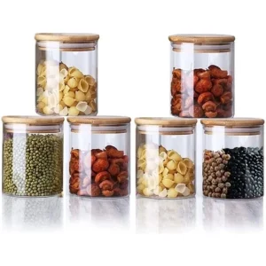 Kit  6 Pote de Vidro para Mantimentos 550ml com Tampa de Bambu Hermético Resistente Redondo
