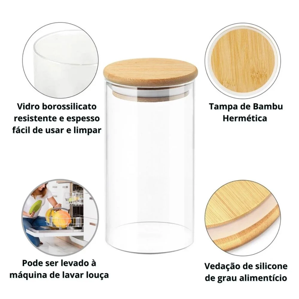 Kit 6 Pote de Vidro para Mantimentos 550ml com Tampa de Bambu Hermético Resistente Redondo - Image 3