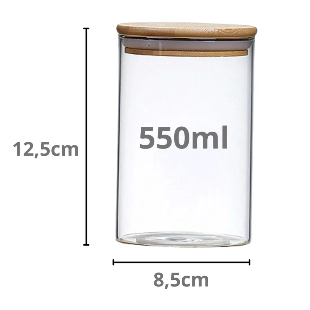 Kit 6 Pote de Vidro para Mantimentos 550ml com Tampa de Bambu Hermético Resistente Redondo - Image 6