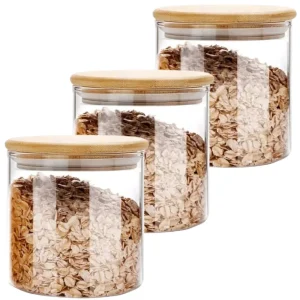 Kit 3 Pote de Vidro para Mantimentos 550ml com Tampa de Bambu Hermético Resistente Redondo