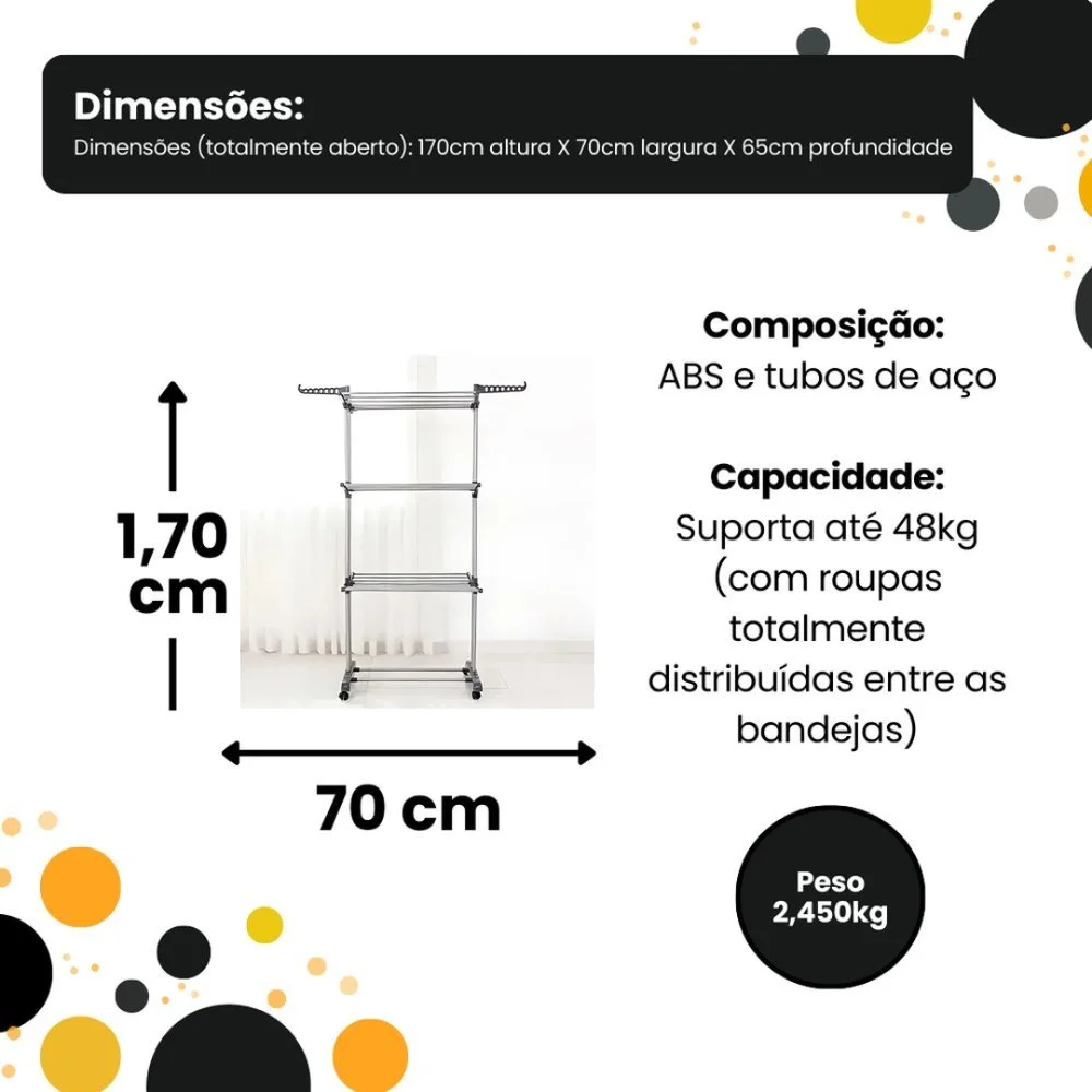 Multi varal de chão com bandejas e 3 andares Com Cabideiro- Preta - Image 5