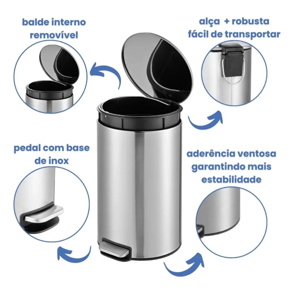 Lixeira com Pedal 5 Litros Inox Escovado Slim Balde Removível Redonda para Banheiro Cozinha - Image 3