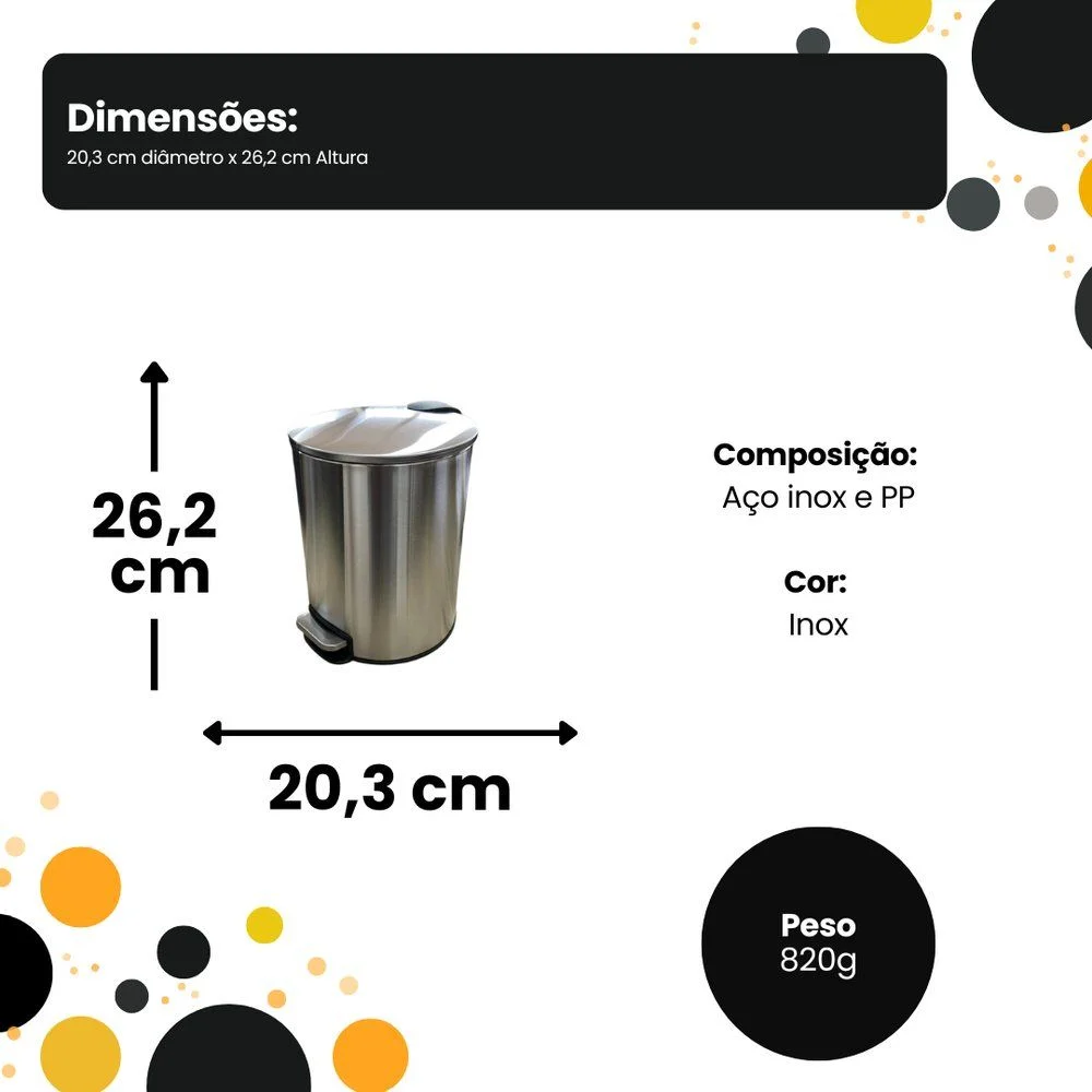 Lixeira com Pedal 5 Litros Inox Escovado Slim Balde Removível Redonda para Banheiro Cozinha - Image 6