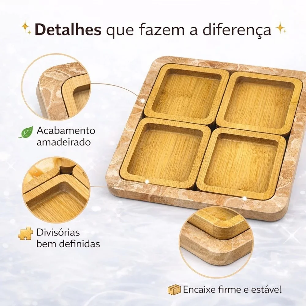Petisqueira Quadrada Desmontável Em Bambu 4 Peças Tábua Frios - Image 4