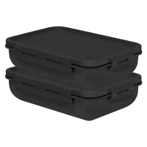 Kit 2 Pote Marmita com Tampa Hermética com Divisória Retangular Plástico 800ml Preto