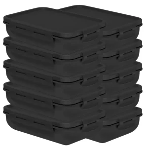 Kit 10 Pote Marmita com Tampa Hermética com Divisória Retangular Plástico 800ml Preto