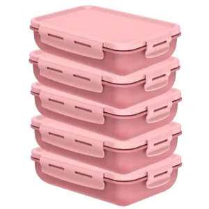 Kit 5 Pote Marmita com Tampa Hermética com Divisória Retangular Plástico 800ml Rosa