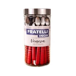 Jogo de Talheres 25 Peças Inox Faqueiro Completo com Pote Vermelho
