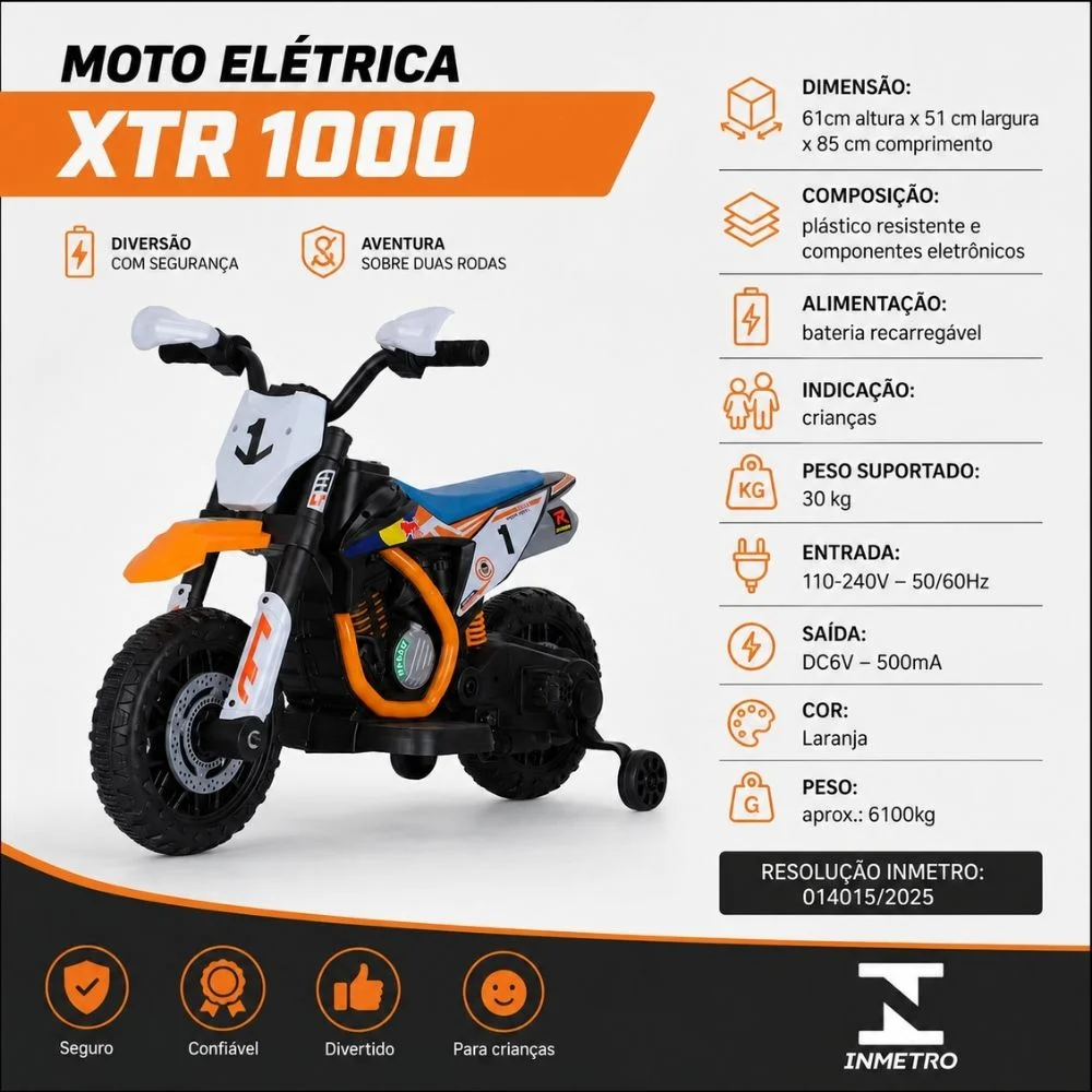 Moto Elétrica Infantil 2 Rodas Com Rodinhas Bateria Recarregável Laranja - Image 5