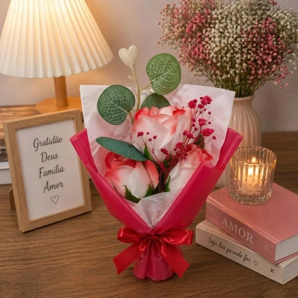 Buquê Decorativo Com Rosa Artificial 24cm Vermelha - Image 4