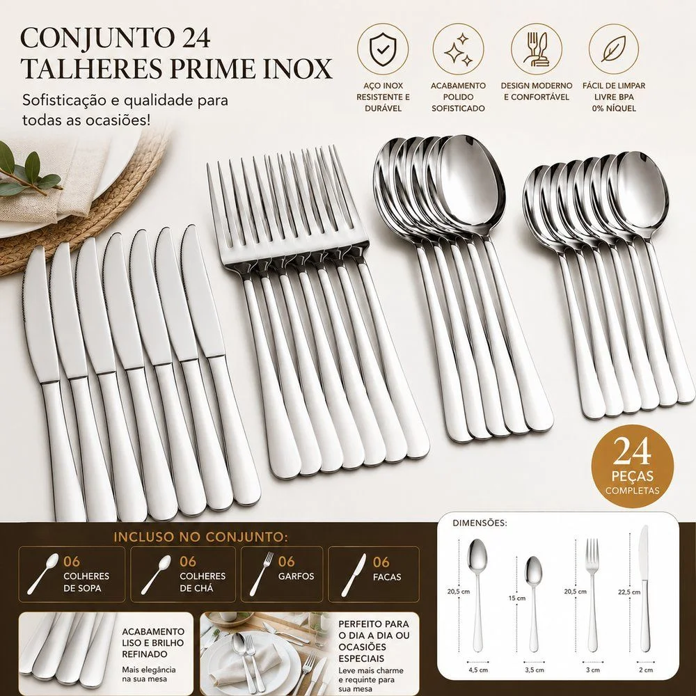 Jogo Talheres 24 Peças Inox com Garfos, Facas e Colheres - Image 5