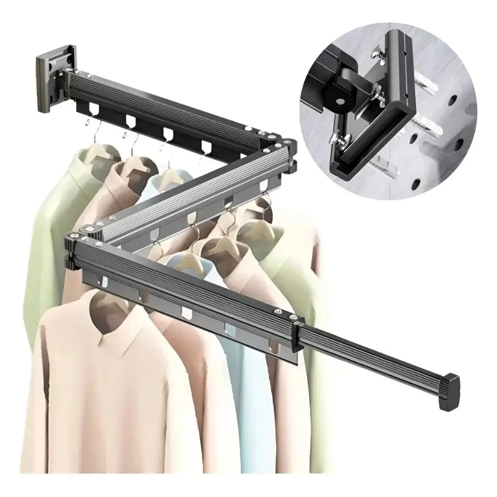 Varal de Roupas de Parede Retrátil Dobrável Suporte para Cabides Lavanderia - Image 4
