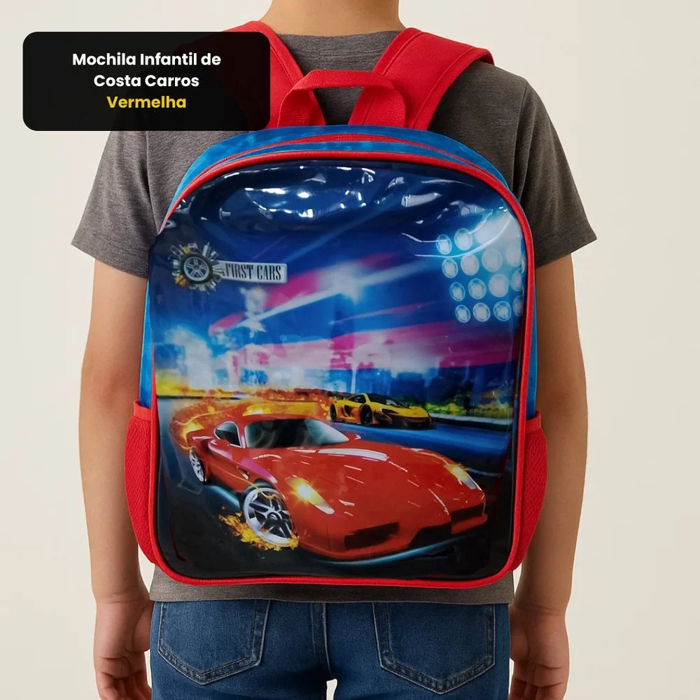 Mochila Infantil de Costa Carros Vermelha Menino Escolar - Image 5
