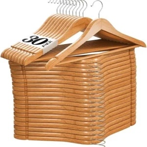 Kit 30 Cabide de Madeira Marfim Adulto Slim Envernizados com Barra Antideslizante para Roupas