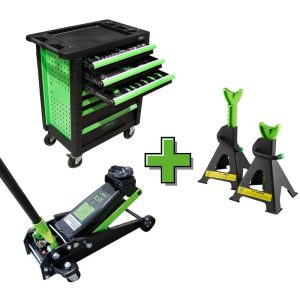 KIT SERIE418 – CARRO FERRAM. 7 GAV. (4MOD..4GAV.) VERDE J53904 +MACACO RODAS 3.500kg J50818 + JG. 2 PREGUICAS 3000kg J53779 JBM